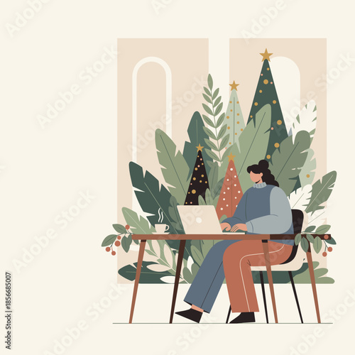 Woman working remotely on a laptop in a cozy festive Christmas home office setting Modern vector art