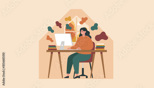 Happy woman working from home at her cozy desk during autumn Remote job concept illustration