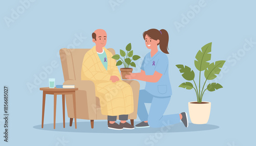 Nurse provides compassionate care and a potted plant gift to a smiling senior patient