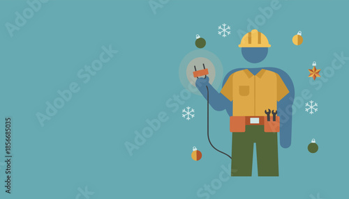 Electrician preparing Christmas lights with glowing plug Holiday electric service concept