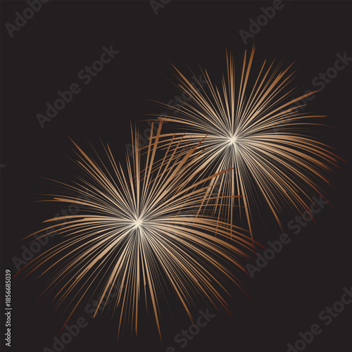 Golden Abstract Fireworks on black Background. Minimal golden fireworks bursts forming abstract celebration design, ideal for holidays, events, and modern decorative visuals.
