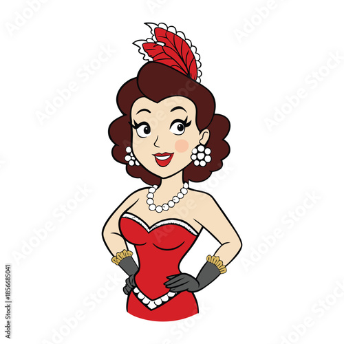 A dazzling Las Vegas showgirl in sparkling feathers and sequins, striking a glamorous pose under bright stage lights, exuding elegance, energy, and showbiz flair.
