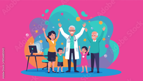 Happy family children and doctor celebrating health success and financial wellbeing