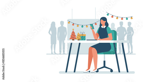A woman uses her phone at an office desk decorated for a corporate holiday party