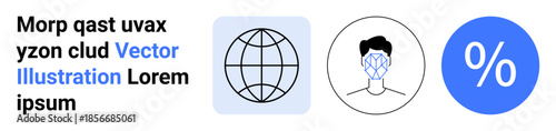 Data management, technological innovation, global communication, identity security, digital analytics, privacy tools. A globe, facial pattern and percentage symbol. Global communication and identity