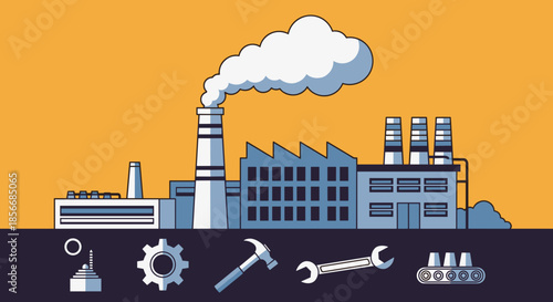 Flat illustration of an industrial factory production and manufacturing tools