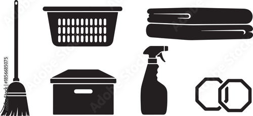 Cleaning tools and supplies in black silhouette