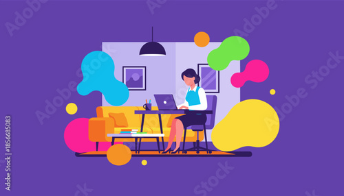 Businesswoman telecommuting from a colorful home workspace Remote work vector