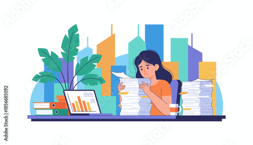 Overwhelmed businesswoman buried in paperwork facing stress and deadline pressure