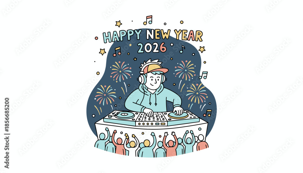 Obraz premium New Year 2026 DJ spinning music for a cheering crowd Festive party illustration with fireworks