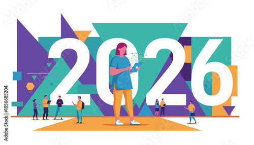 Future technology and business innovation in 2026 People working digitally among abstract geometric shapes