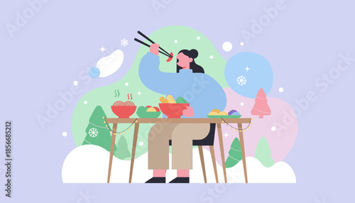 Woman enjoying a festive winter meal with chopsticks and hot food bowls Flat illustration