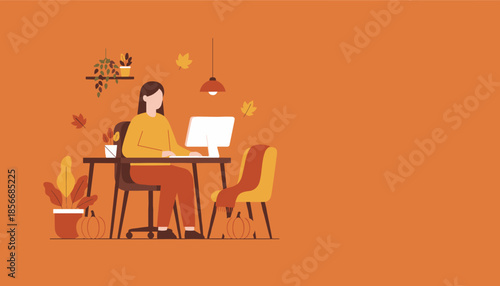 Remote work lifestyle in a cozy autumnal home office Flat design illustration