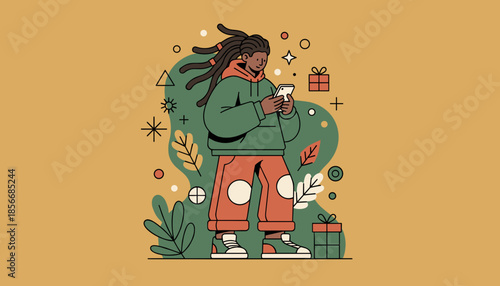 Stylish young person with dreadlocks shopping or communicating via smartphone in a festive abstract environment