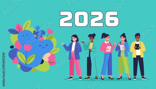 Diverse business team and abstract nature symbolize growth and sustainability for 2026