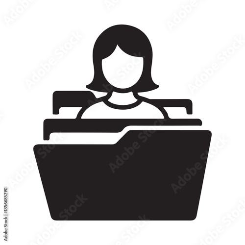 A simple black silhouette of a woman working at a laptop computer