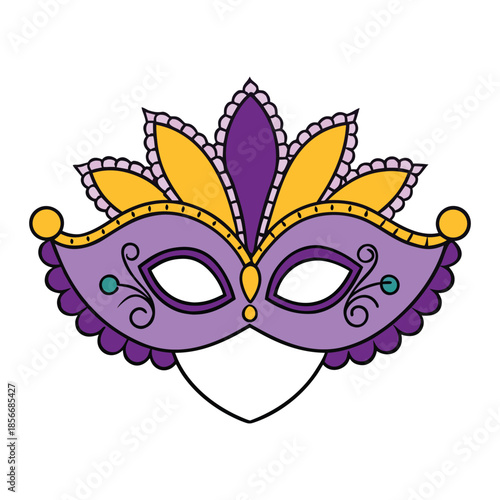 Elegant violet Venetian carnival mask adorned with gold filigree and delicate feathers, shimmering with mystery, romance, and timeless masquerade charm, allure elegance.
