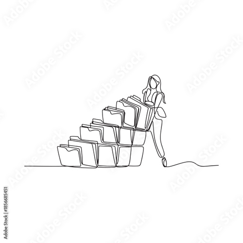 Continuous line drawing of a woman climbing a staircase of folders