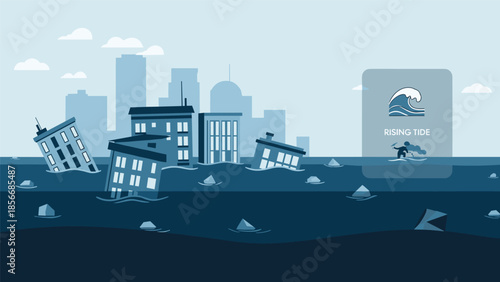 City buildings submerged in floodwaters with a surfer in the distance, Generative AI.