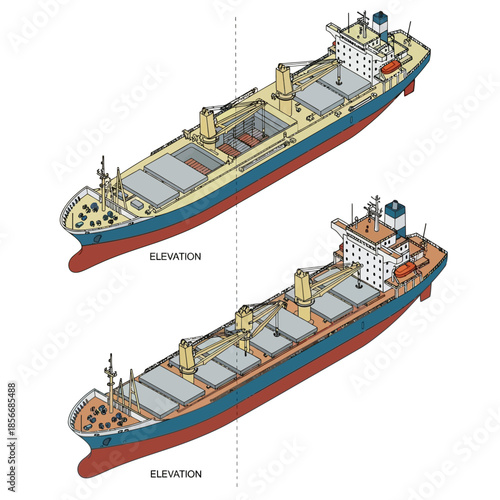 Two views of a large cargo ship showing its elevation and deck layout.