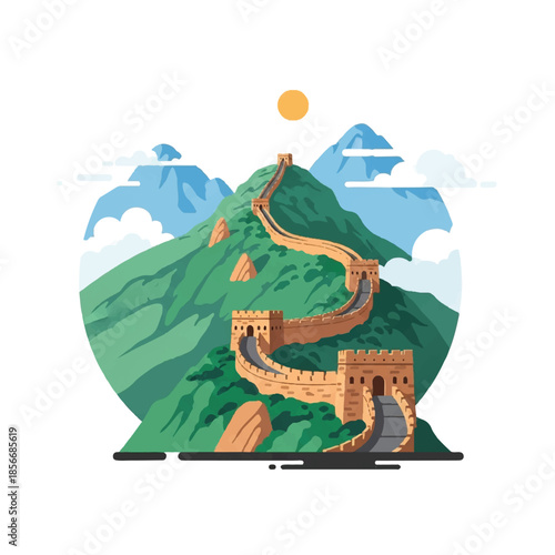 Illustration of the Great Wall of China winding through green mountains under a sunny sky