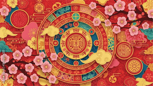 Vibrant Cultural Celebration with Intricate Patterns and Floral Motifs Surrounding a Central Symbol