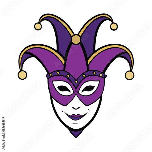 Elegant violet Venetian carnival mask adorned with gold filigree and delicate feathers, shimmering with mystery, romance, and timeless masquerade charm, allure elegance.
