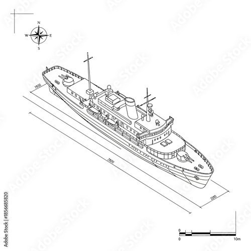 Detailed Blueprint Illustration of a Classic Passenger Ship.