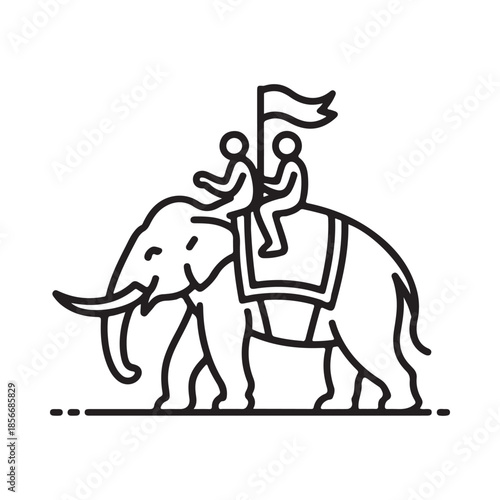 Illustration of people riding an elephant with a raised flag simple line art