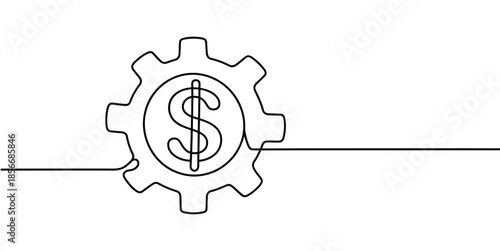Continuous line drawing of gears with dollar symbol showing business growth, effort and time resulting in money, single line vector illustration concept