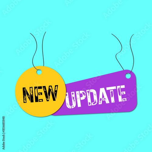 New update sticker tags on a string yellow and purple tags flat vector design