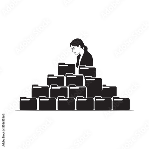 Woman surrounded by a large pyramid of file folders in silhouette