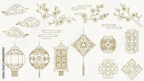 A collection of traditional lanterns and decorative elements in gold on a cream background, viewed from directly above.