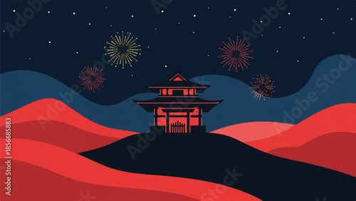 A serene pagoda stands amidst rolling hills under a starry night sky with fireworks exploding around it