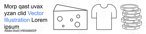 Food, clothing, economy, commerce, markets, financial value. A line drawing of cheese, a t-shirt and coins. Food and clothing showcase everyday essentials alongside of economy and value