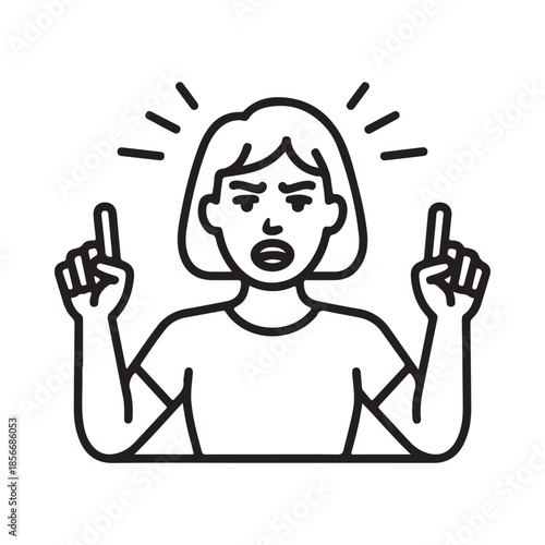 An angry woman raising both hands and pointing expressing strong disapproval