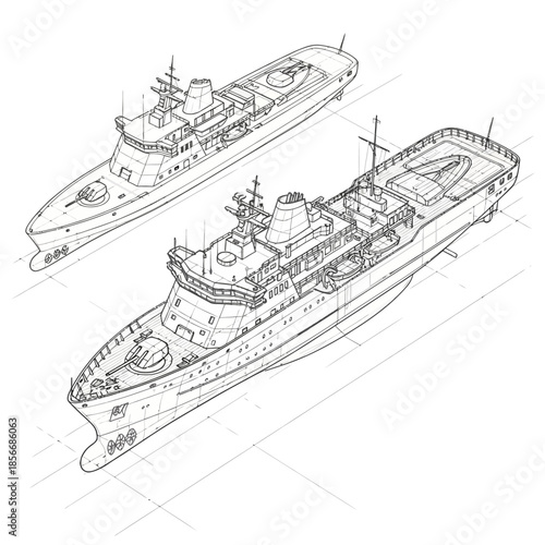 Detailed Blueprint Illustrations of Two Modern Naval Warships.