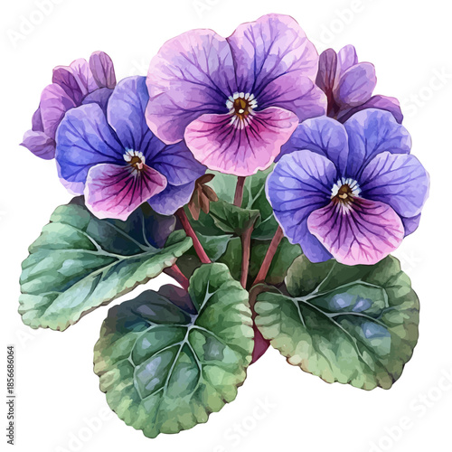 African Violet Flower, beautiful watercolor illustration with vivid colors and detailed vector style, isolated on a white background.