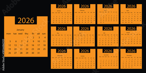 Set of 12 Pages Monthly Calendar Planner Templates on 2026 year. Vector mockup of a wall or desktop calendar organizer grid with the week starting on Monday ready print.