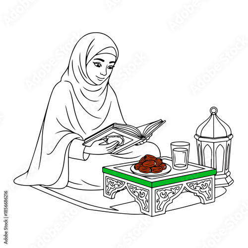 Muslim Woman Reading Quran with Lantern, Dates, and Water – Ramadan Line Art Illustration, Coloring Book Style Editable Vector Design