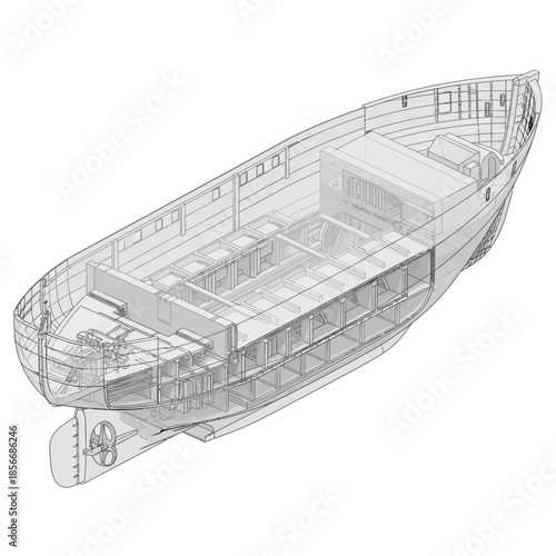 Detailed Blueprint Wireframe of a Historic Wooden Ship Hull Construction.