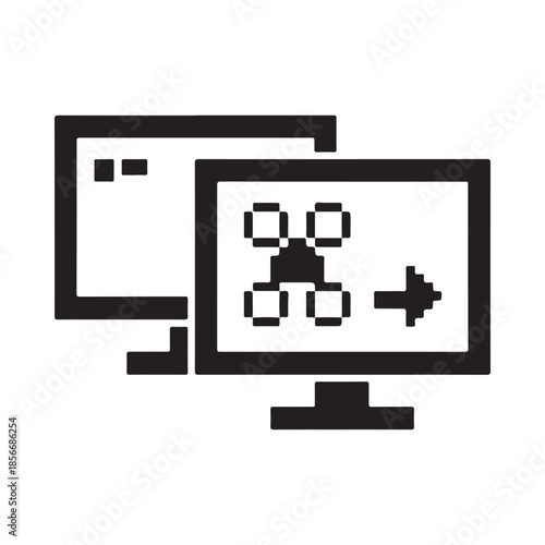 Dual monitor setup with screen mirroring and data transfer icon