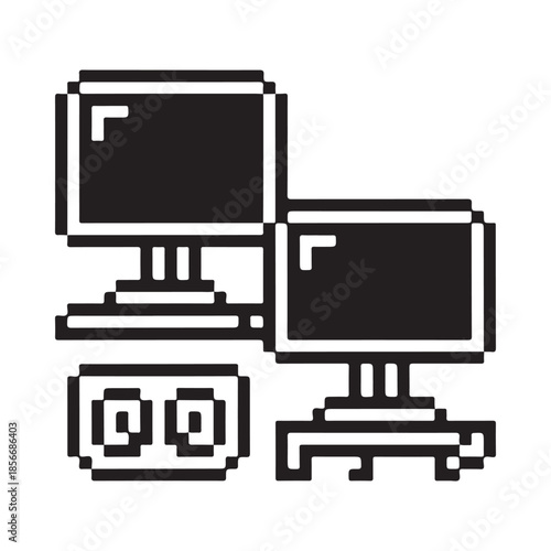 Pixelated illustration of two computer monitors and a keyboard in black and white