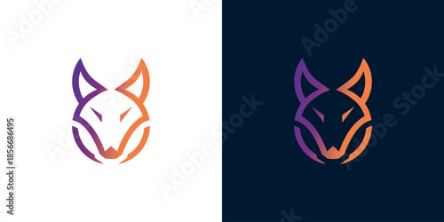 Modern gradient fox head logo, sleek and abstract, blending purple and orange. This stylized animal symbol conveys intelligence, agility, and contemporary brand identity