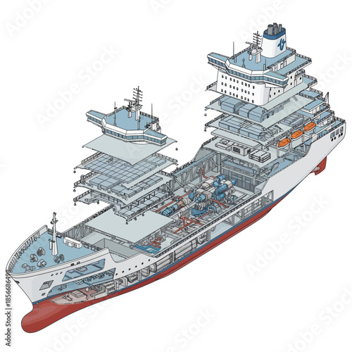 Detailed Cutaway Illustration of a Modern Cargo Ships Interior and Exterior.