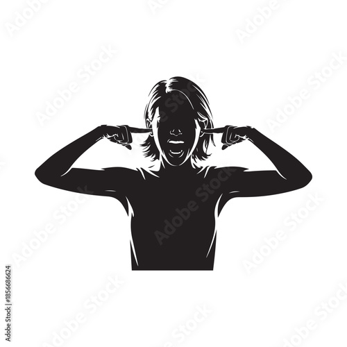 A silhouetted person blocking their ears with hands expressing aversion