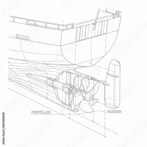 Detailed illustration of a ships propeller and rudder mechanism.