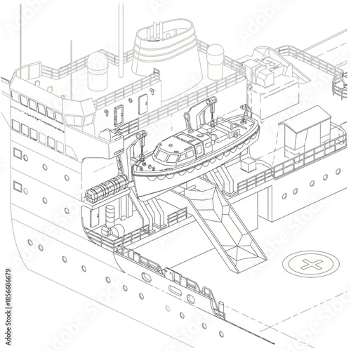 Detailed Illustration of a Ships Lifeboat Being Lowered.