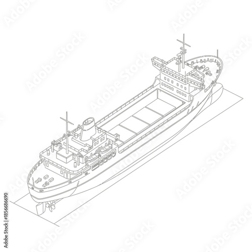 Detailed Isometric Line Drawing of a Cargo Ship.