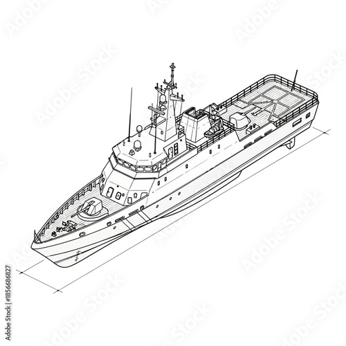 Detailed Line Drawing of a Modern Naval Patrol Vessel.